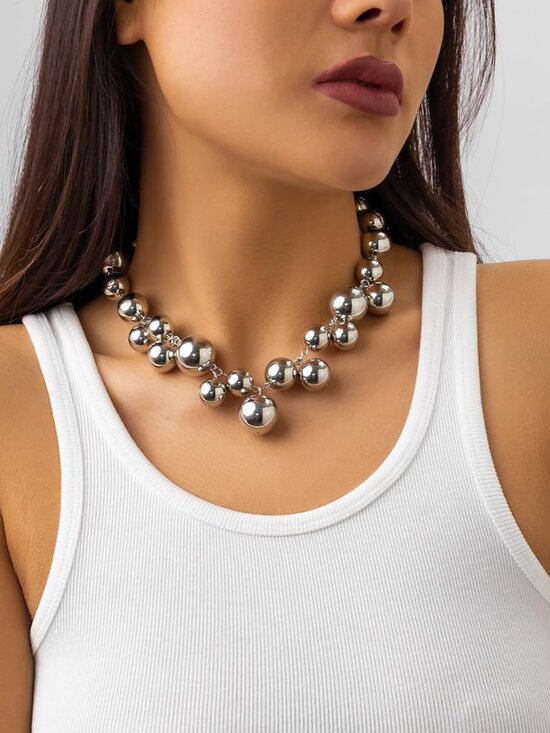 Chunky Pearls Statement Choker Necklace for Women,14K Gold Large Beaded Punk Bal - Picture 2 of 7